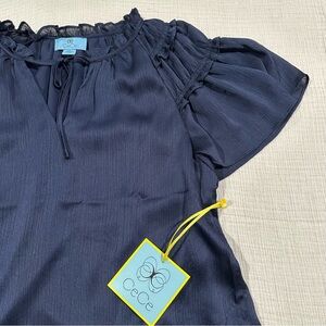CeCe Blouse in Navy Blue • Tie Front V Neck • Tiered & Ruffled Bell Sleeves
